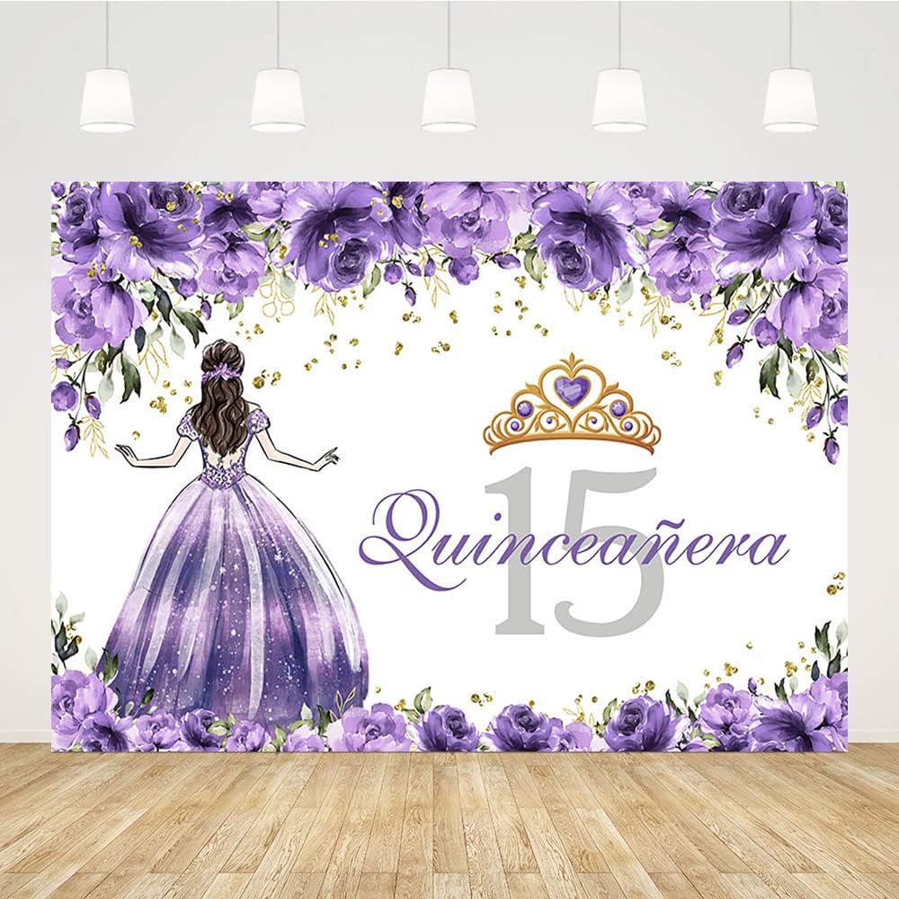 Seefeful SENDY – Telón de fondo de quinceañera de 15 cumpleaños para niñas, vestido morado, corona de princesa, fondo de fotografía, flores moradas,