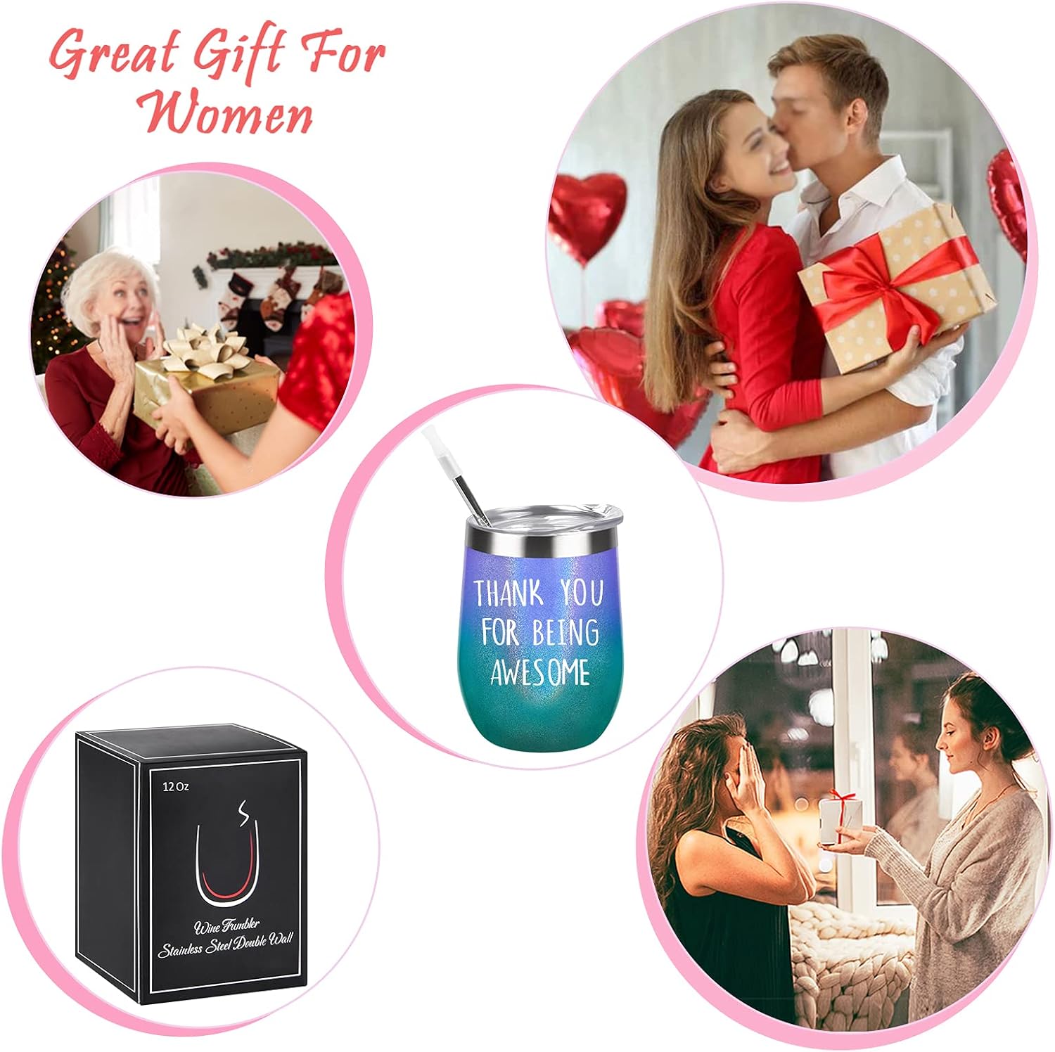 Vaso de vino con texto en inglés “Thank You for Being Awesome – Vaso de vino de 12 onzas con aislamiento de acero inoxidable con pajilla, regalo de