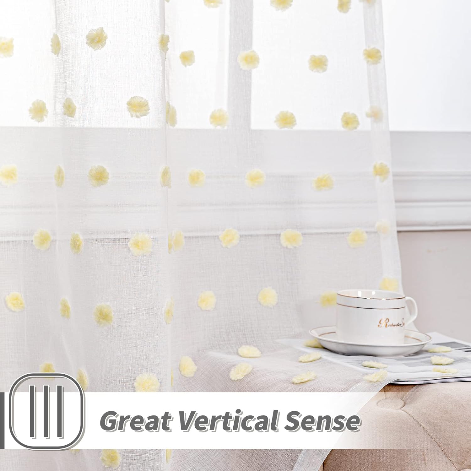 MYSKY HOME Cortinas para dormitorio, cortinas con pompones amarillos para sala de estar, 72 pulgadas de largo, cortinas traslúcidas blancas para
