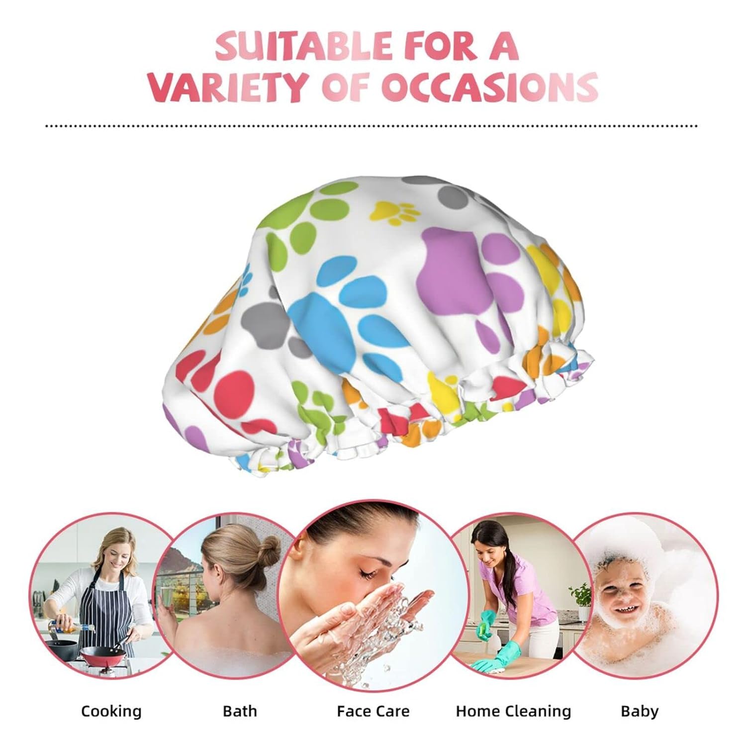 Gorro de ducha reutilizable con estampado de patas de perro para mujer, pelo largo, doble capa impermeable, gorro de ducha para niños, niñas y