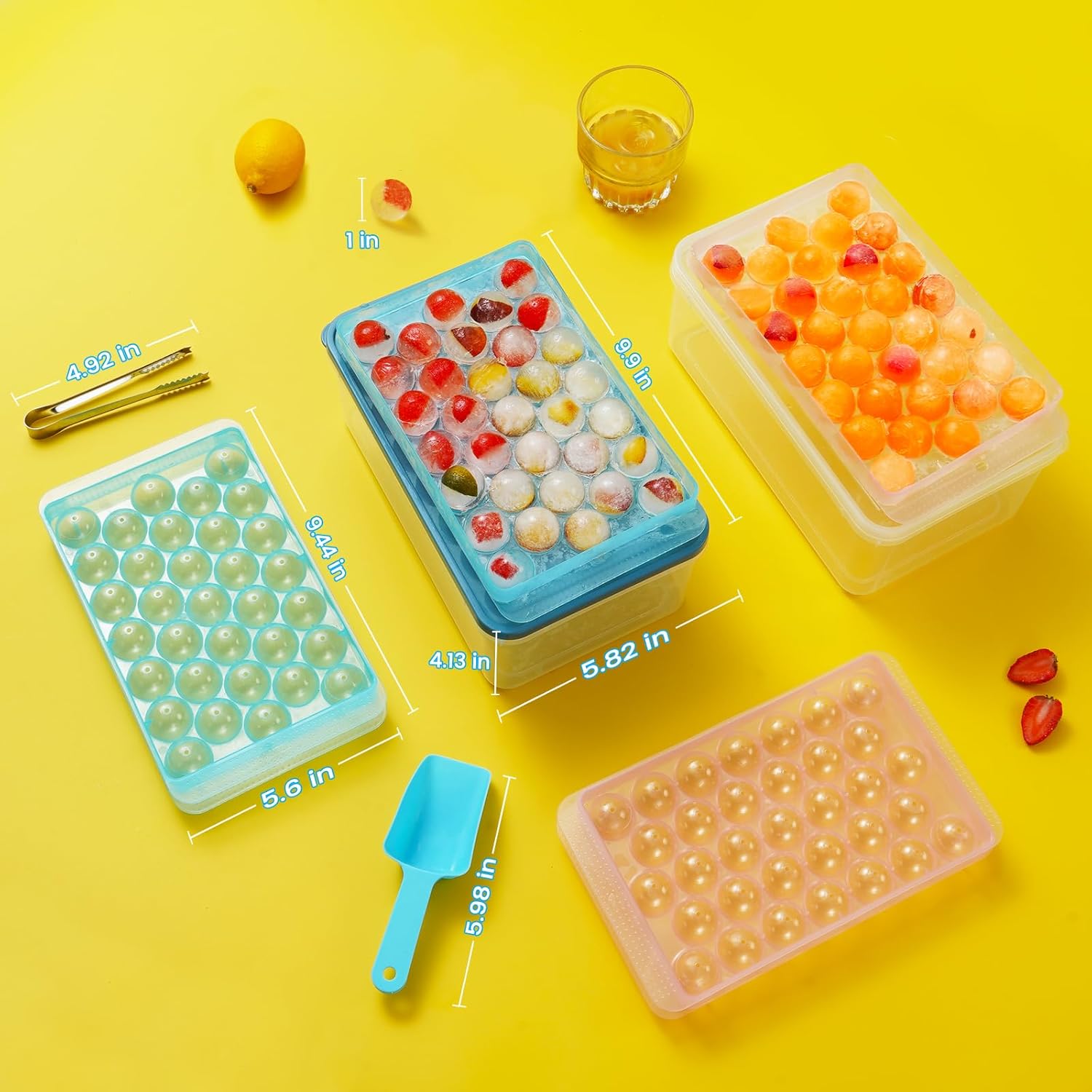 PHINOX – Bandeja de cubitos de hielo con tapa y contenedor, bandejas redondas de hielo para congelador, bandejas de hielo para hacer cubitos de