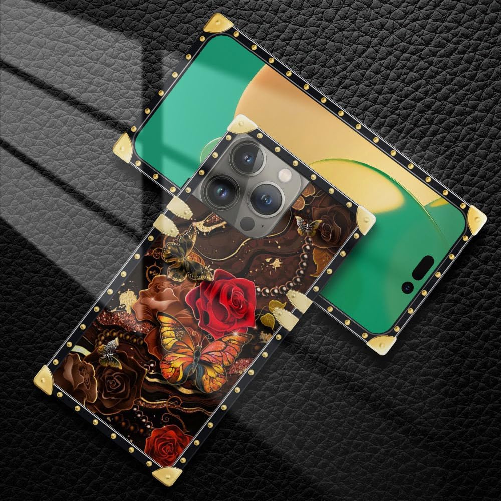 DAIZAG Funda compatible con iPhone 15 Pro Max, mariposa dorada de cártamo, para niñas y mujeres, decoración cuadrada de esquinas de metal,