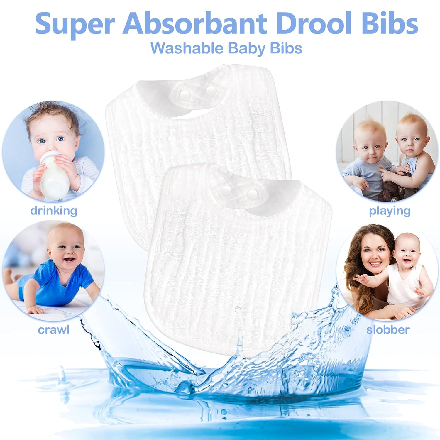 Zhanmai Paquete de 20 baberos de muselina ajustables para bebé, baberos blancos de 6 capas absorbentes, baberos para recién nacidos, baberos bandana
