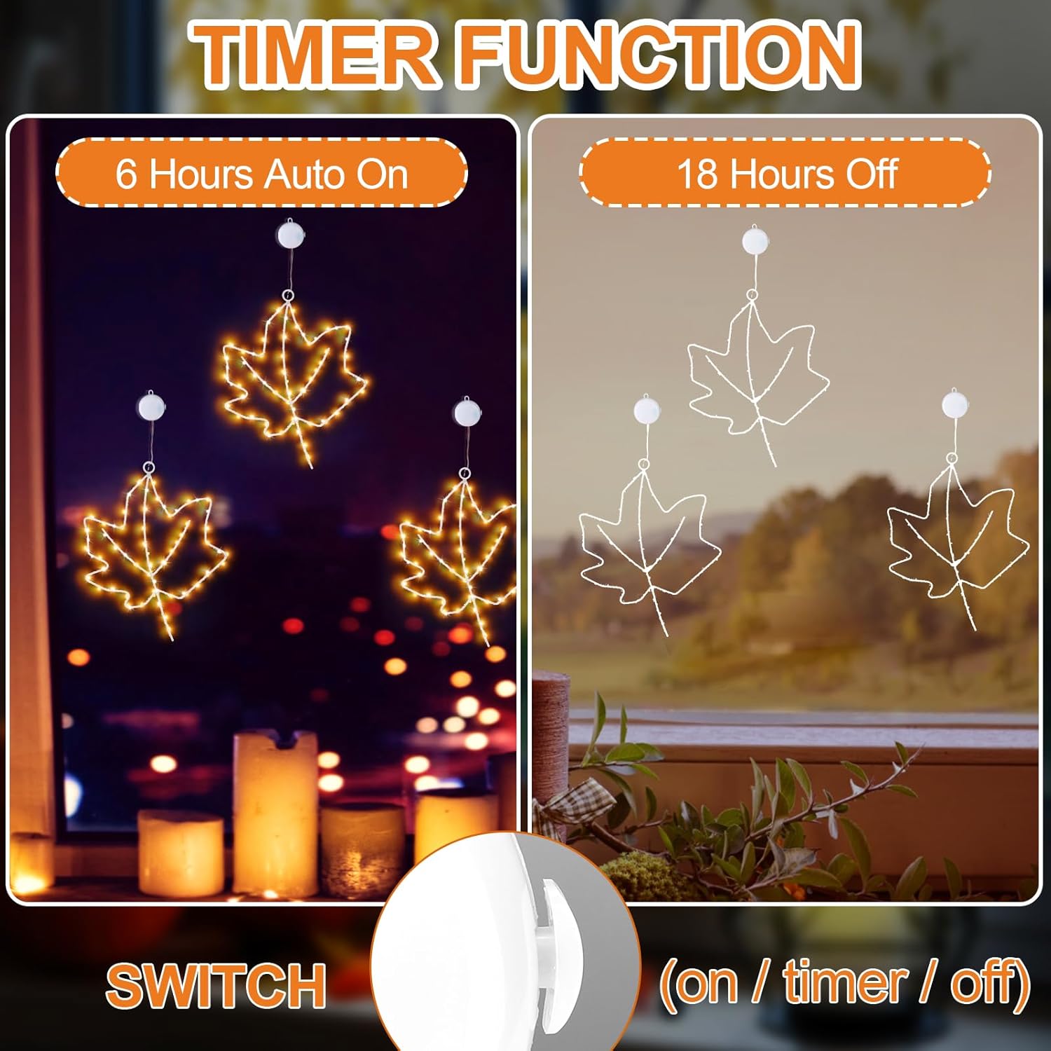 3 piezas de decoración de ventana de otoño, luces de hoja de arce, luces de ventana de Acción de Gracias a pilas con temporizador, marco de metal