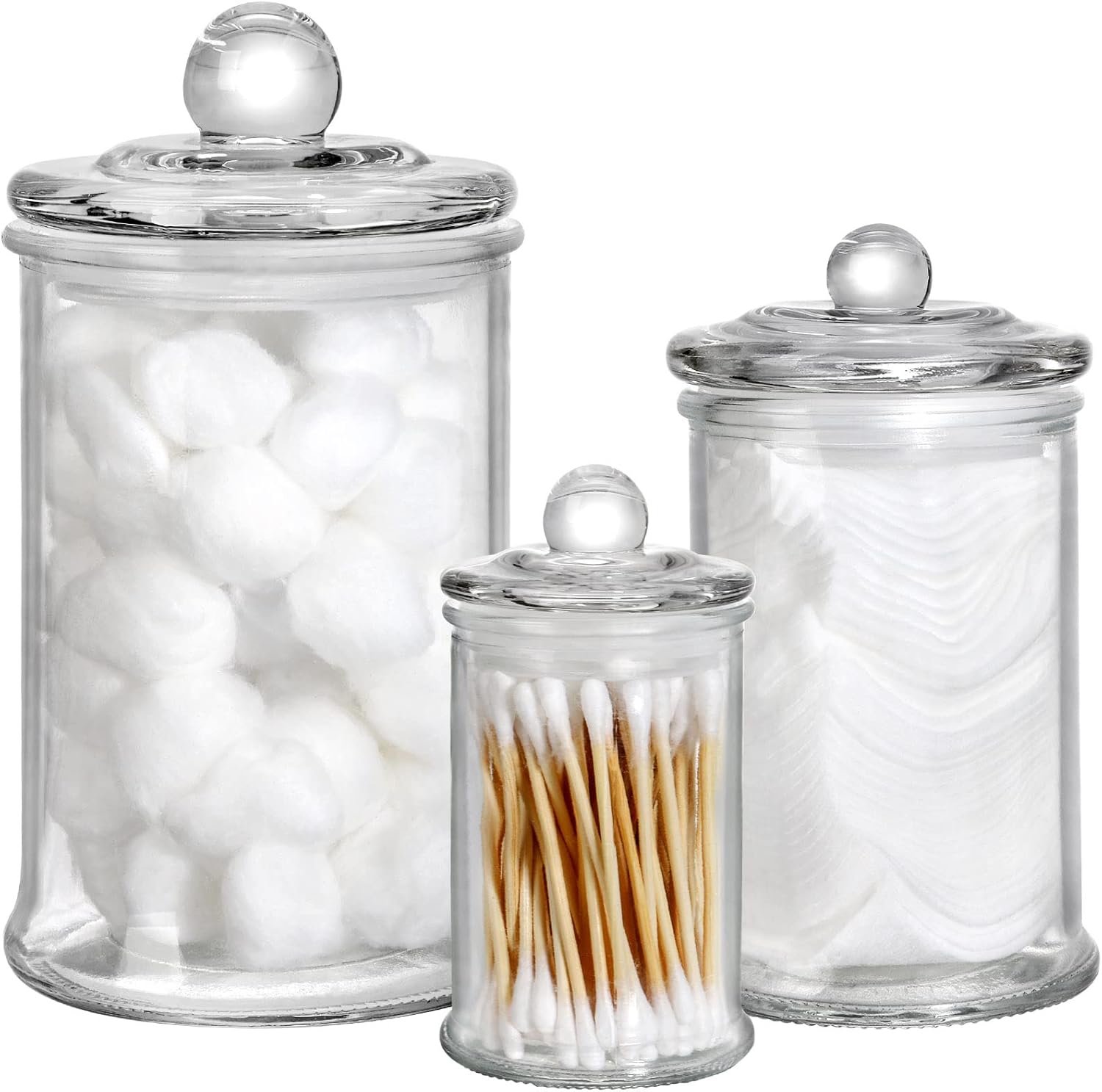 Suwimut Juego de 3 tarros de vidrio con tapas, recipientes de baño, tarros de almacenamiento pequeños para cocina, baño, almacenamiento Qtip,