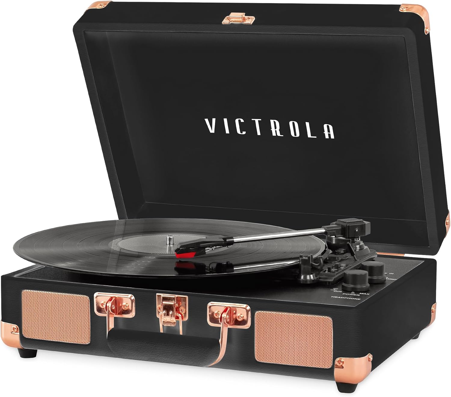 Victrola Tocadiscos portátil de maleta estilo vintage, 3 velocidades, conexión Bluetooth, altavoces integrados, incluye púa extra, marrón, modelo