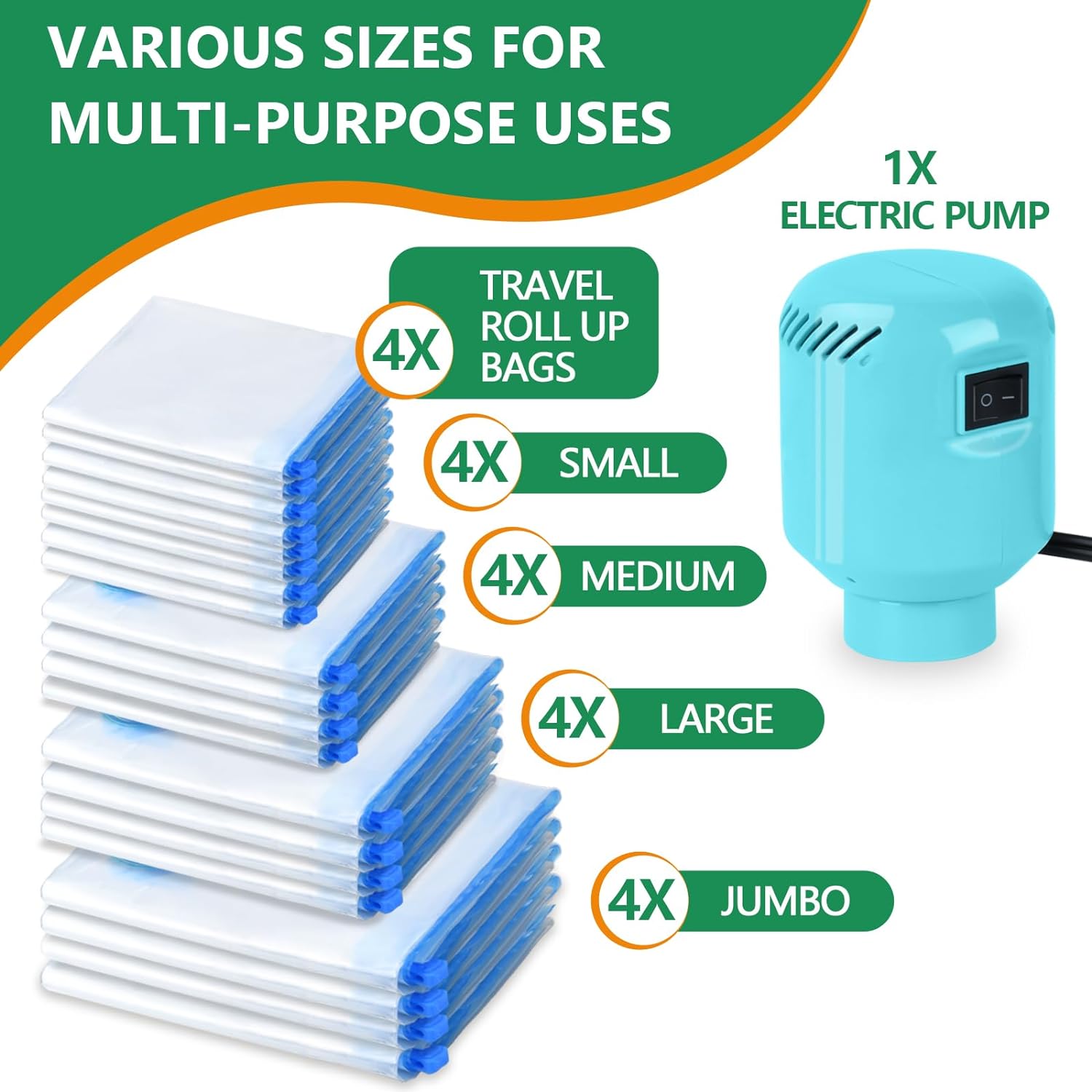 ZPP Bolsas de almacenamiento al vacío con bomba eléctrica, paquete de 20 (4 jumbo, 4 grandes, 4 medianas, 4 pequeñas, 4 bolsas enrollables) bolsas