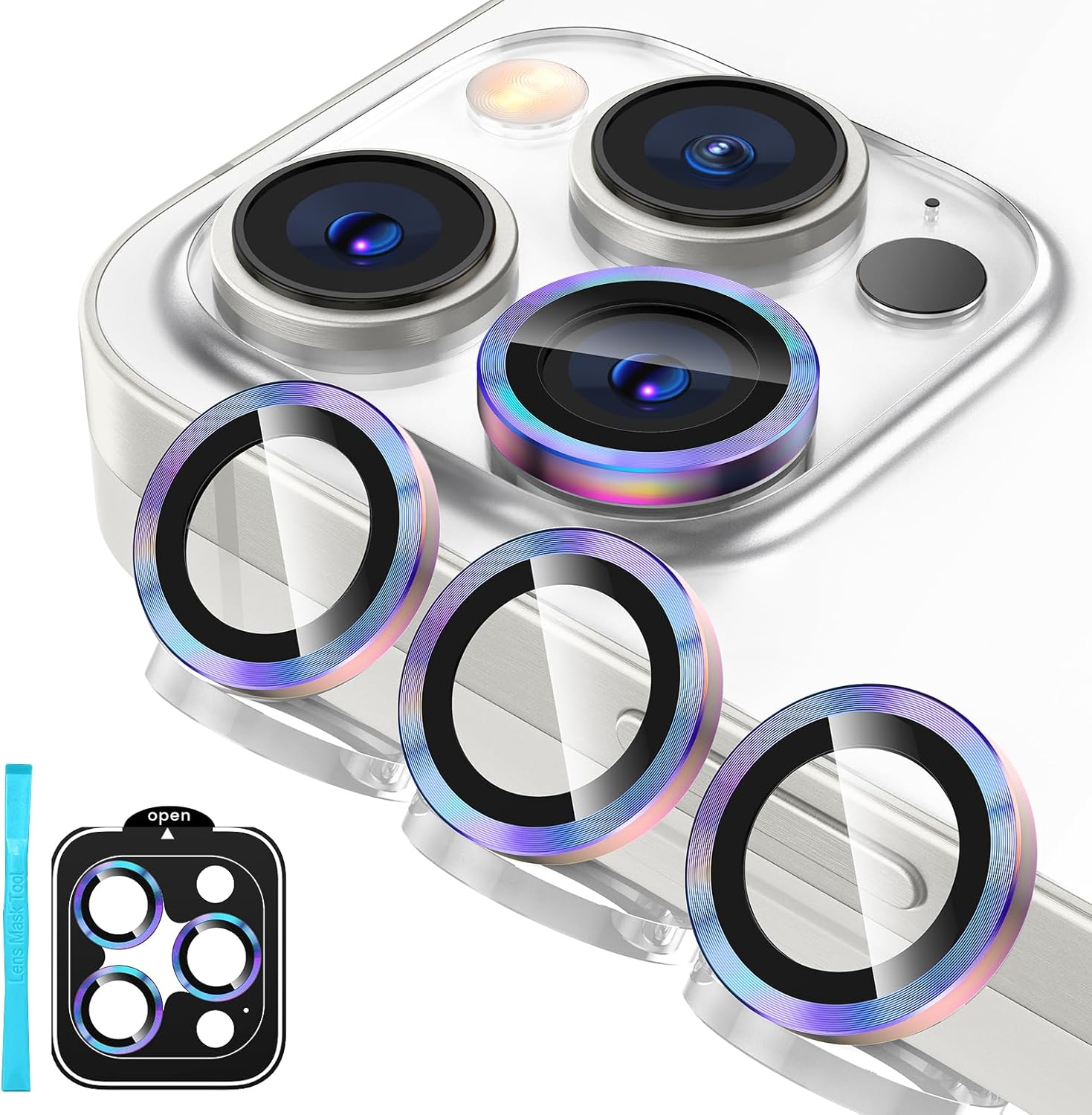 Tensea Protector de lente de cámara para iPhone 15 ProiPhone 15 Pro Max, protector de pantalla de vidrio templado 9H, anillo individual de metal