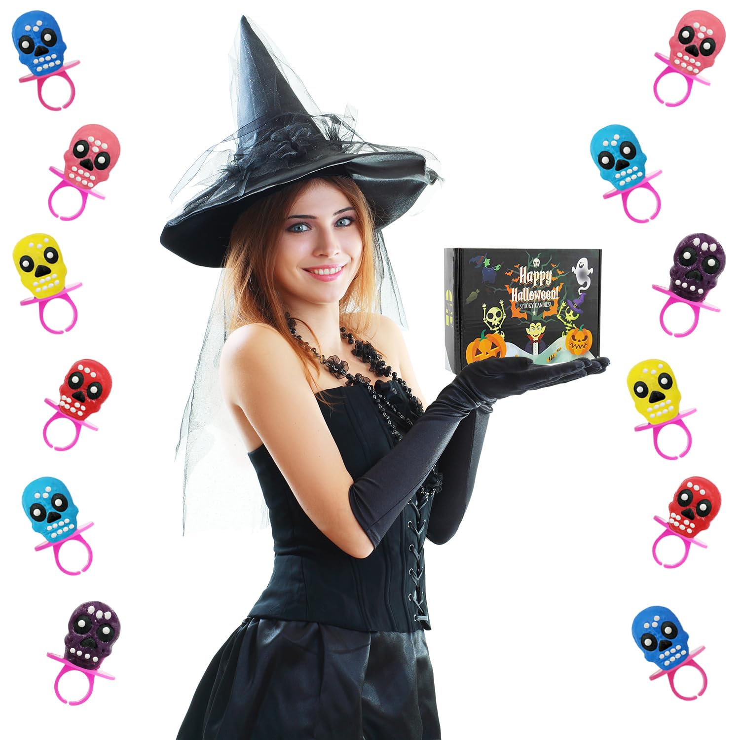 Anillos de caramelo de calavera de Halloween, Día de los Muertos, caramelo duro, envueltos individualmente (paquete de 12)