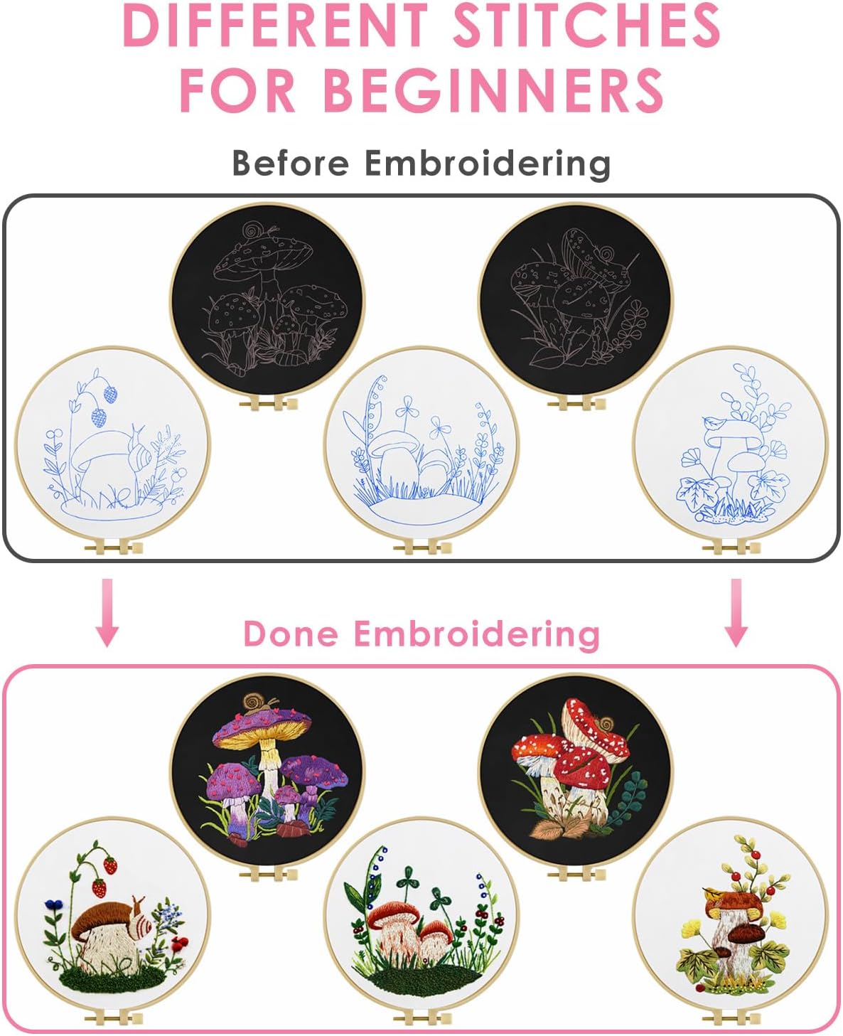 TINDTOP Kit de bordado para adultos para principiantes, 5 juegos de bordado de hongos para principiantes, incluye aros de tela bordada, hilos para