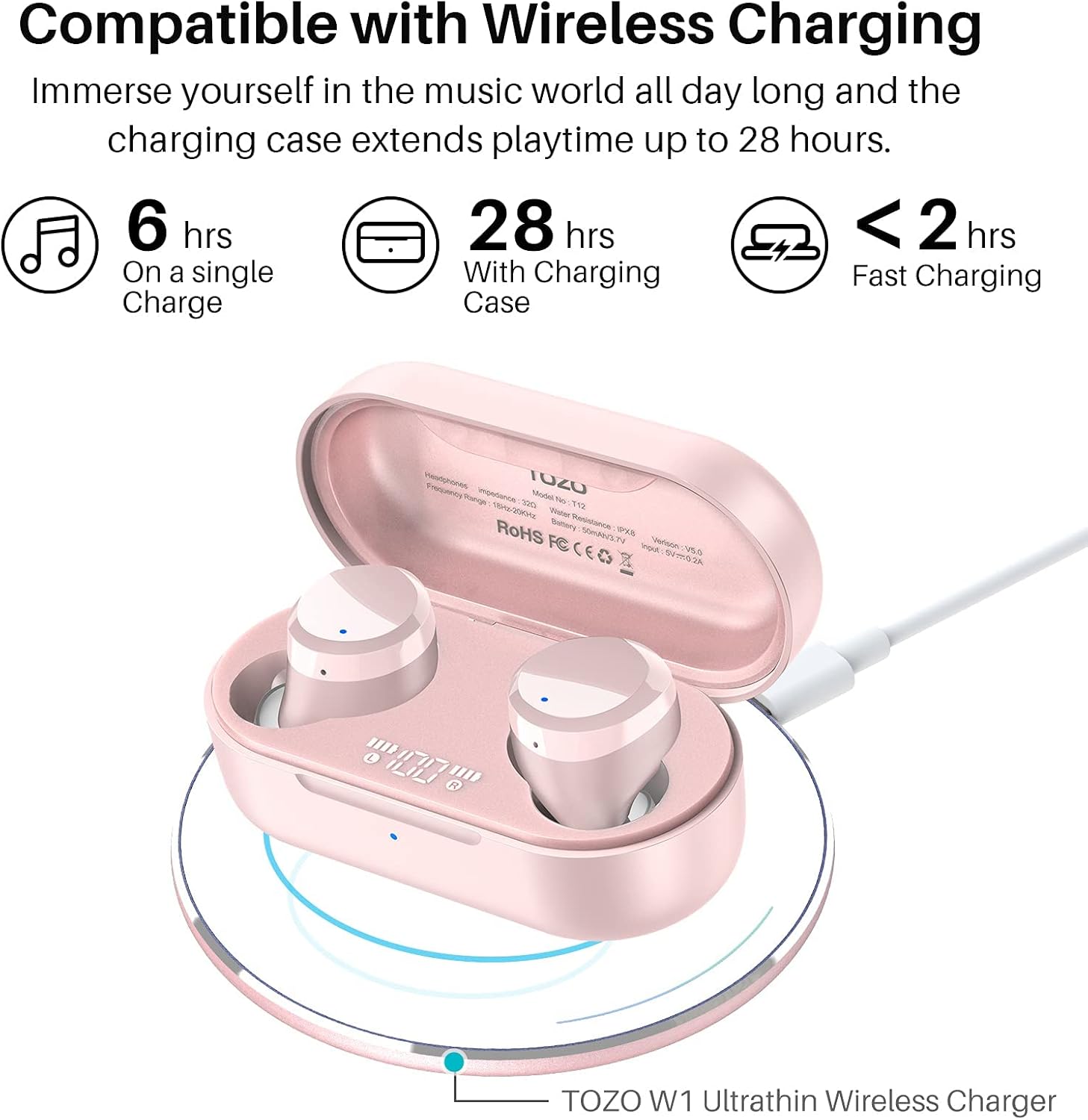 TOZO T12 – Auriculares inalámbricos Bluetooth de alta fidelidad, calidad de sonido, funda de carga inalámbrica, pantalla digital LED de