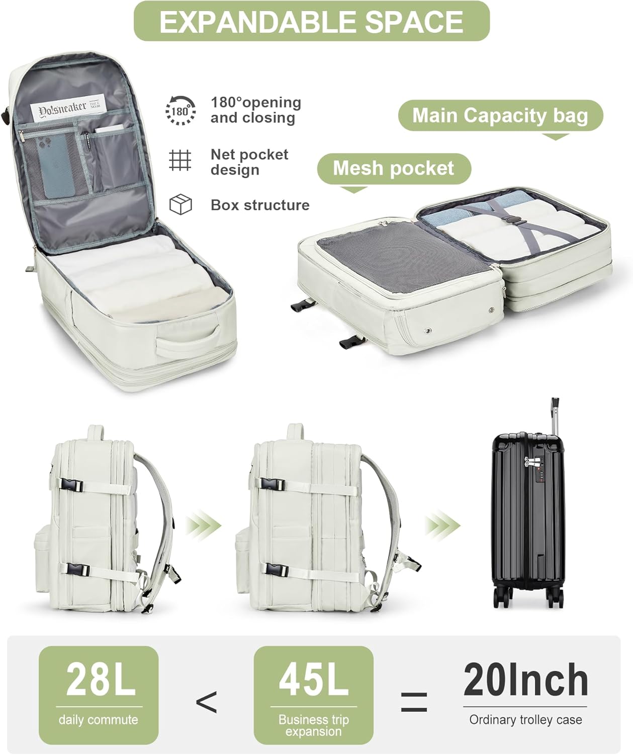 Large Travel Laptop Backpack, Expandable Flight Approved Backpack, Carry on Backpack for Women, Waterproof 17inch Laptop Hiking Backpack with Shoe