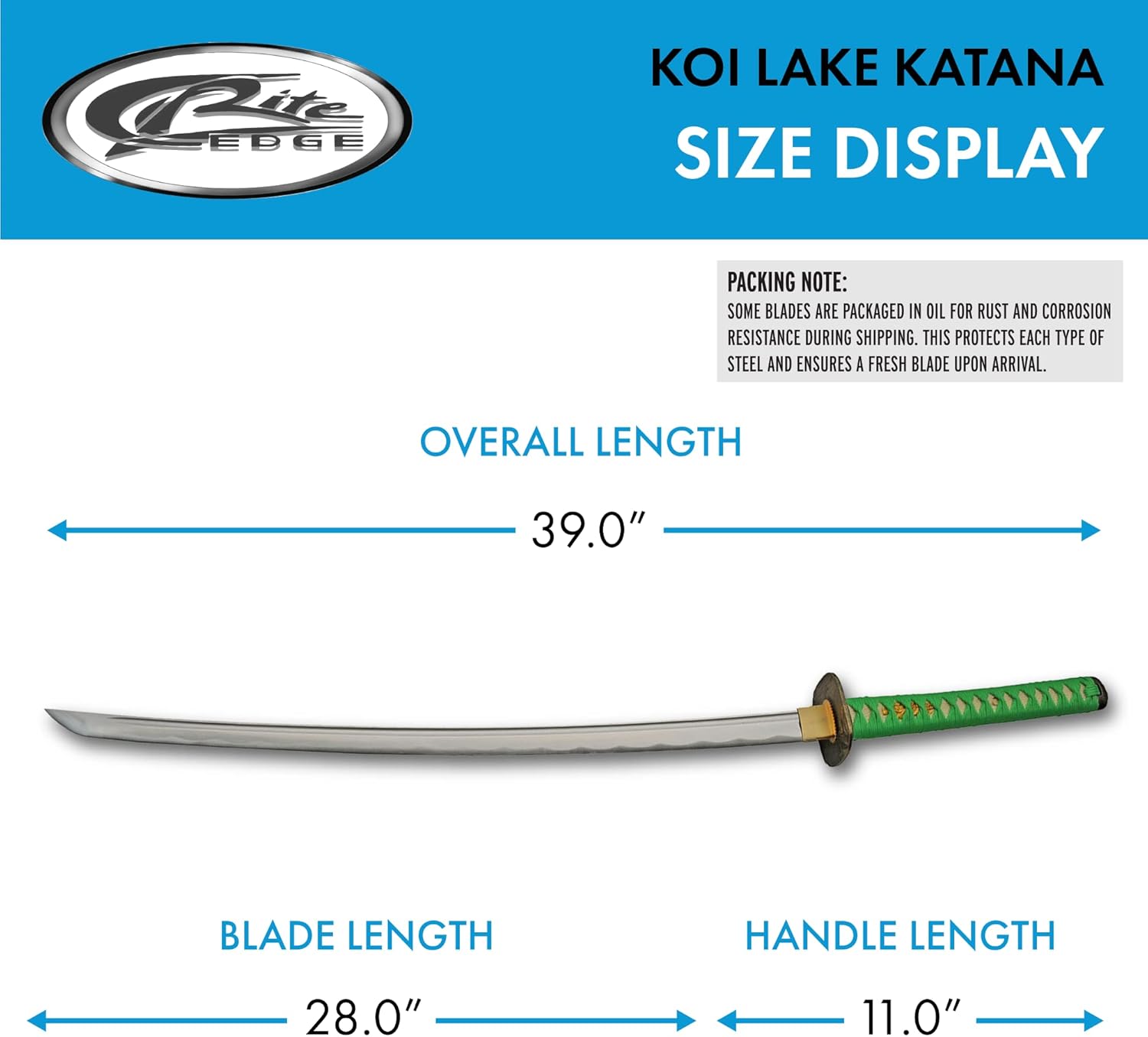 Espada Katana réplica de acero al carbono de estanque Koi verde de 39 pulgadas con vaina impresa ABS