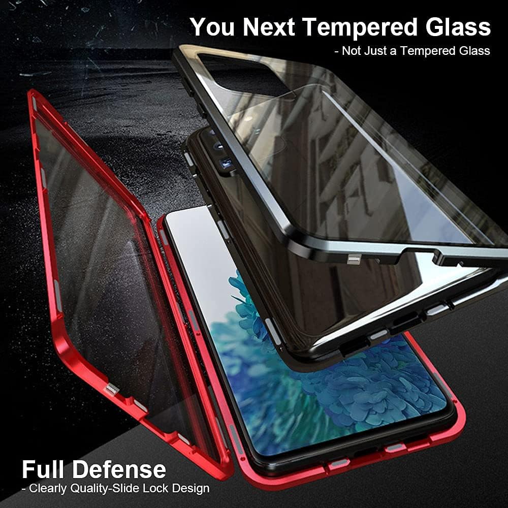 QUIETIP Funda compatible con Samsung Galaxy S20 FE, funda magnética de metal transparente de cristal, marco de metal delgado, vidrio templado de