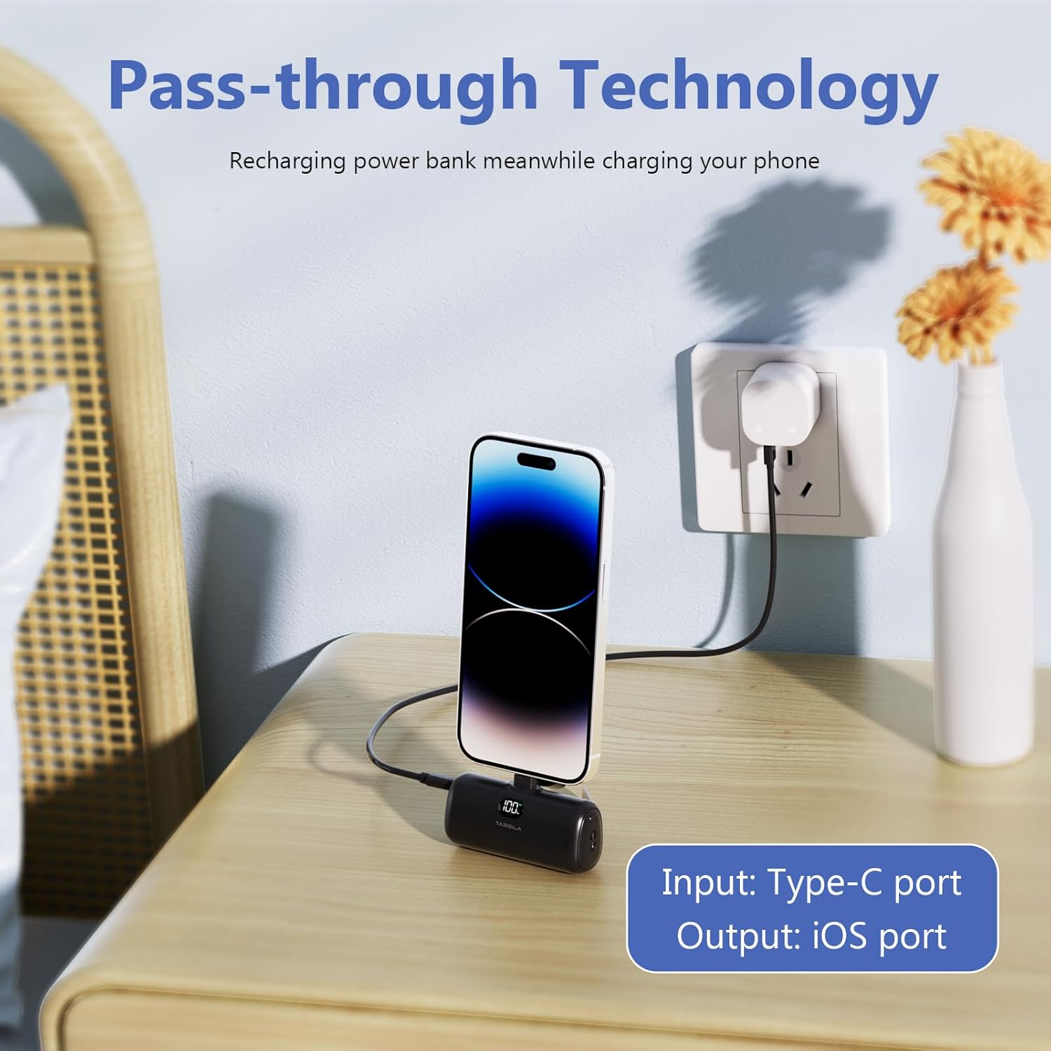 Taegila Cargador portátil pequeño para iPhone de 5000 mAh con cable integrado y soporte de metal, banco de energía compacto certificado MFi con