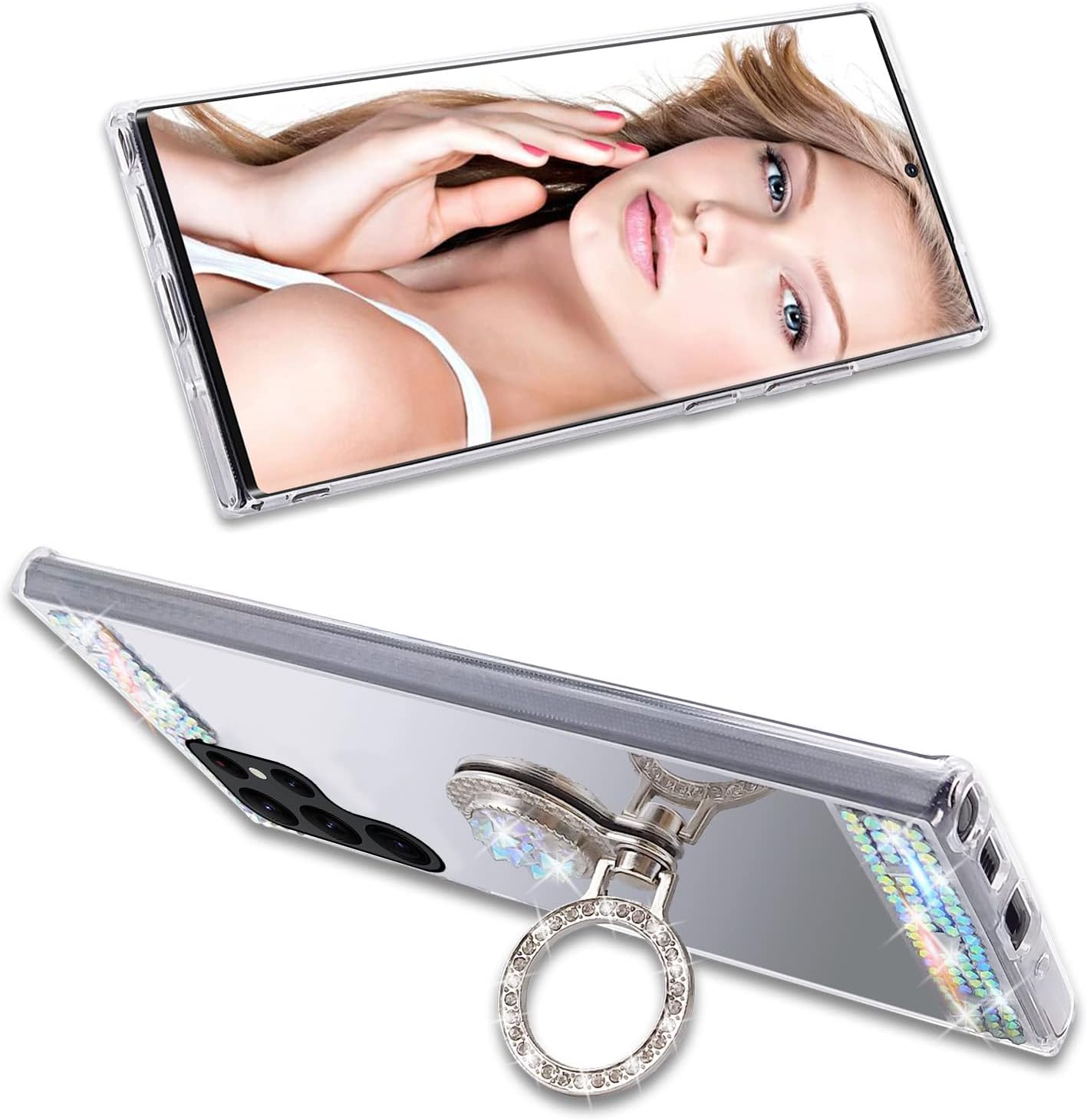 LUVI Compatible con Galaxy S22 Ultra – Funda de espejo de maquillaje con diamantes de imitación con soporte de anillo, soporte de soporte, linda