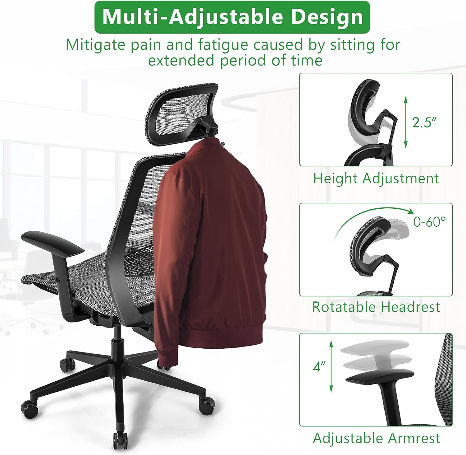 BestComfort Silla de oficina de malla con respaldo alto, silla ejecutiva ergonómica con ángulos reclinables ajustables, soporte lumbar,