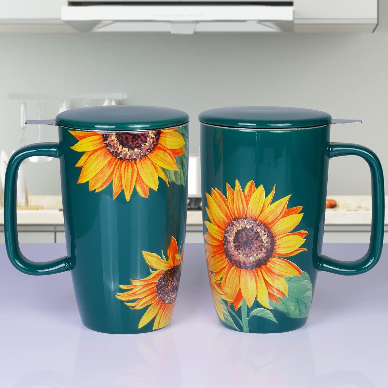 Sunddo Taza de té de cerámica con infusor y tapa para té suelto, taza de girasol, regalos para amantes del té, para mujeres, color verde