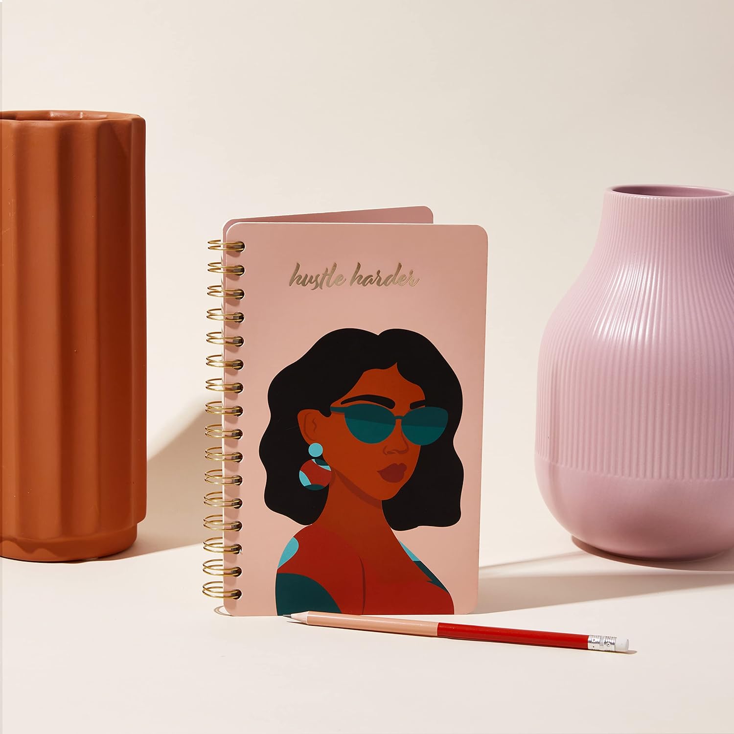 Diario encuadernado en espiral de tapa dura, Hustle Harder, 240 páginas rayadas para escritura y cuidado personal