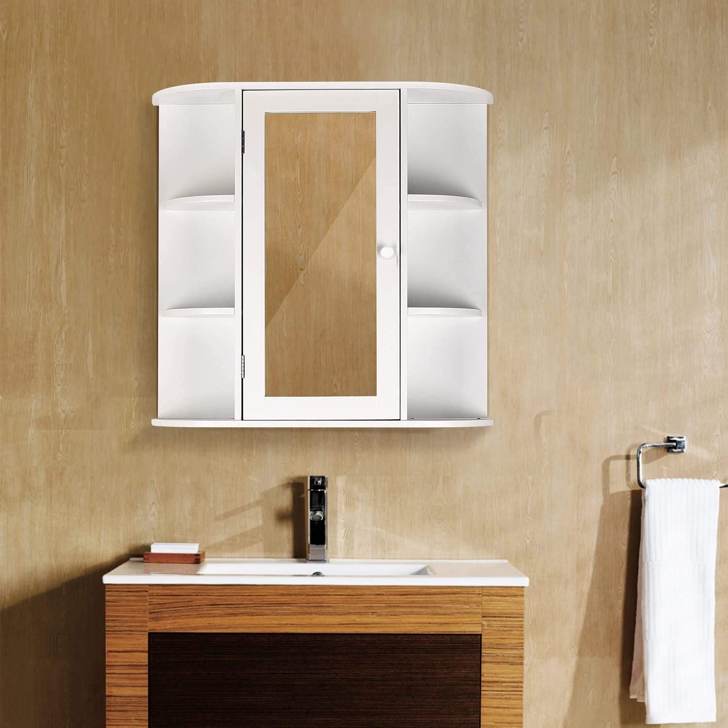 Estante de armario montado en la pared con espejo de una sola puerta de 3 niveles, color blanco