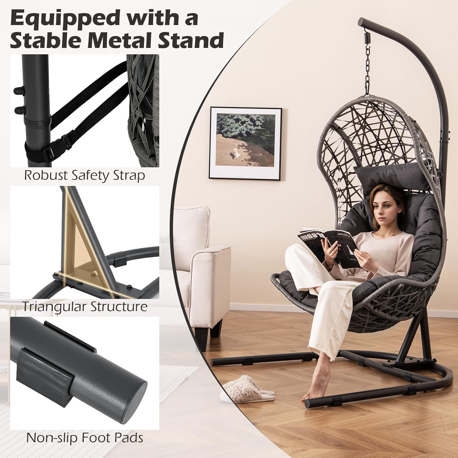 Giantex Silla de huevo para exteriores e interiores, silla hamaca con soporte, almohada, cojín, accesorios para colgar, cesta colgante de ratán de