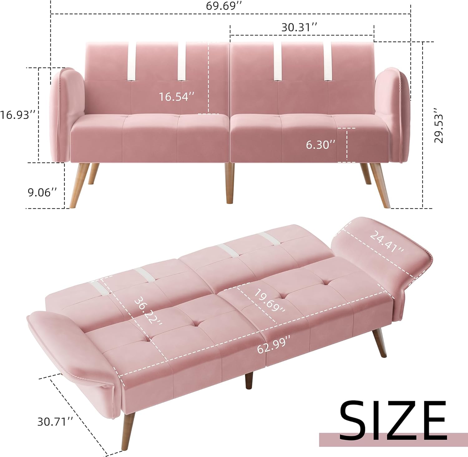 JAMFLY Sofá cama futón de terciopelo de 69 pulgadas, sofá cama convertible con reposabrazos y respaldo ajustables, moderno sofá biplaza para sala de