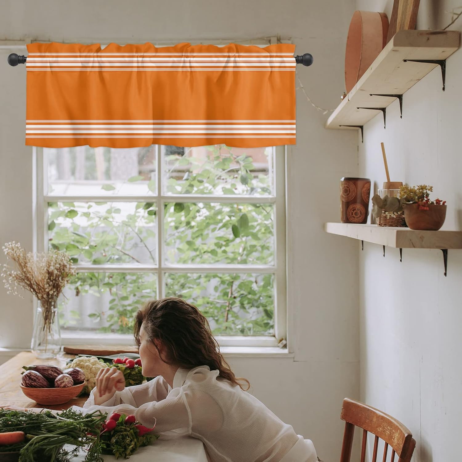Artwork Store Curtain Valance for Window Kitchen Decor, Thanksgiving Fall Orange White Stripe 54″ x 18″ Window Treatment Curtains Topper Rod Pocket