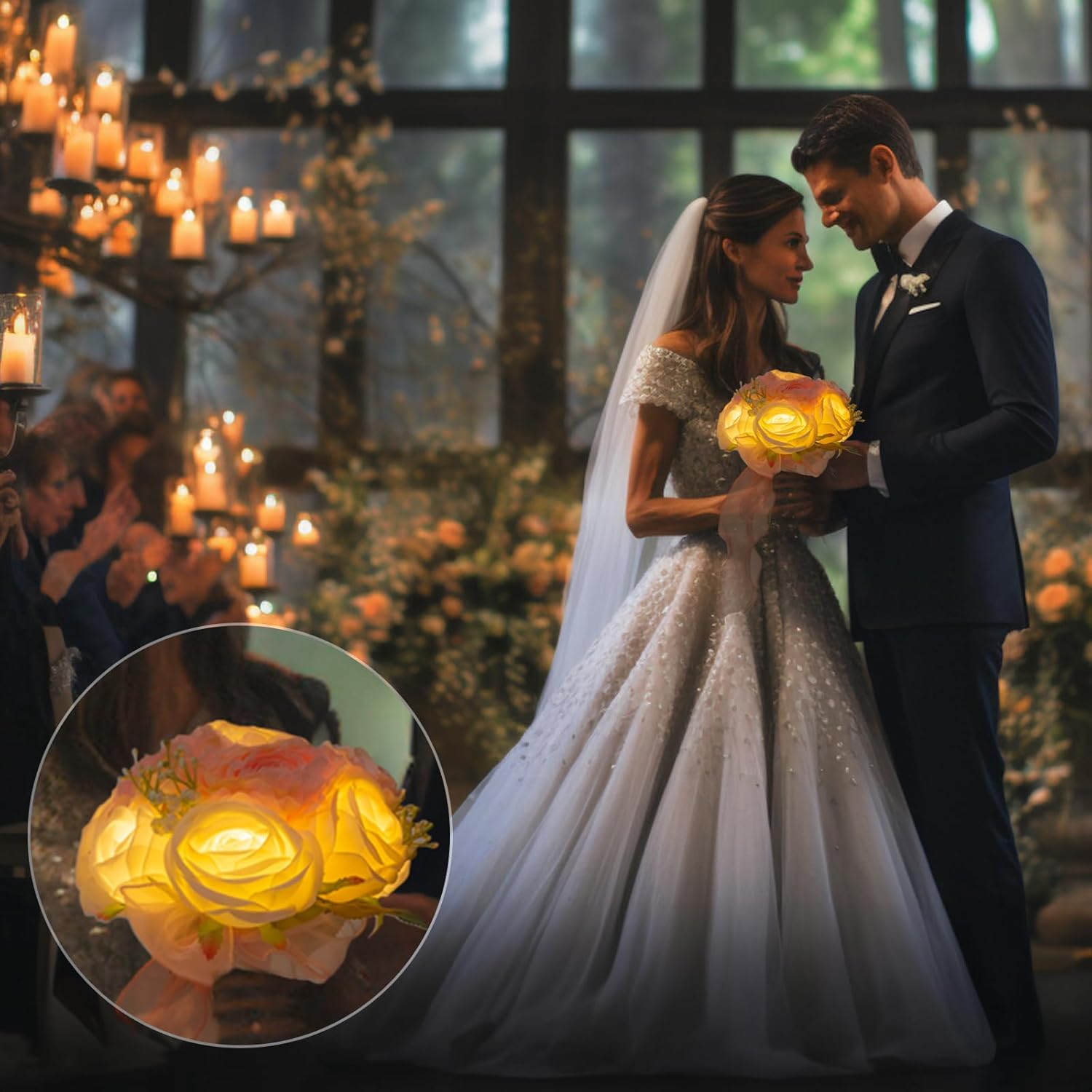 VoKaSar Flores artificiales de rosas rosas falsas con luces, ramo de dama de honor de novia de 8.2 pulgadas en jarrón, luz nocturna para sala de