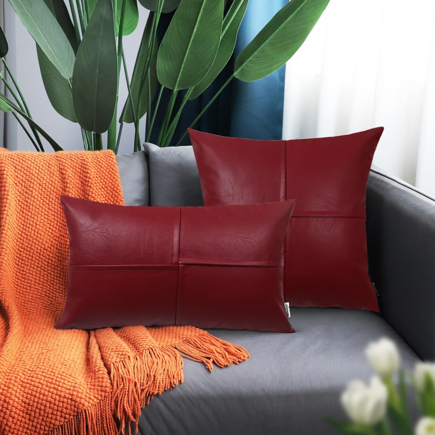BRAWARM Juego de 2 fundas de almohada de piel sintética de 12 x 20 pulgadas, fundas de almohada lumbar de cuero rojo profundo, almohadas decorativas