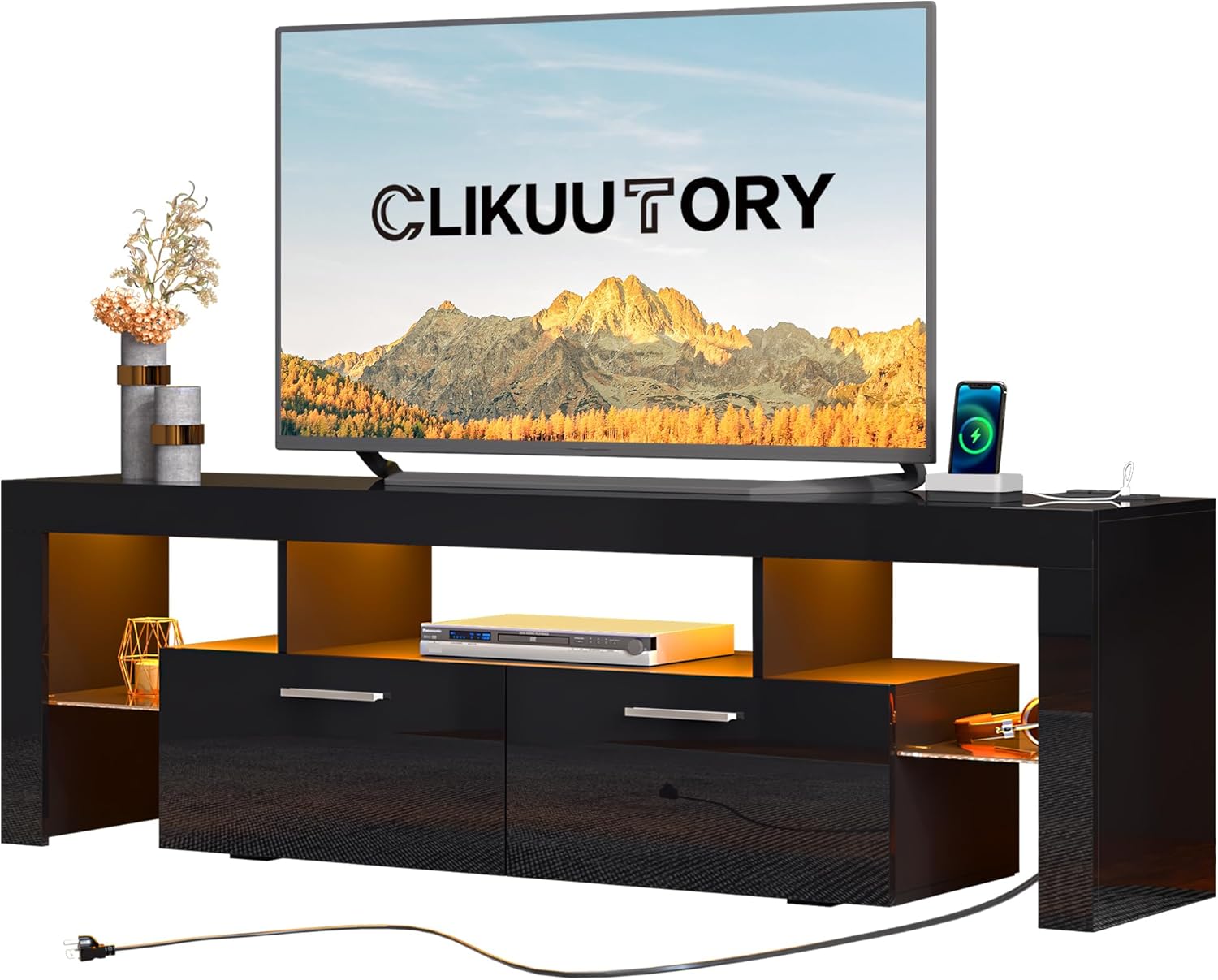Clikuutory Moderno soporte de TV LED negro de 67 pulgadas con toma de corriente y gran almacenamiento para televisores de 40, 50, 55, 60, 65, 70, 75