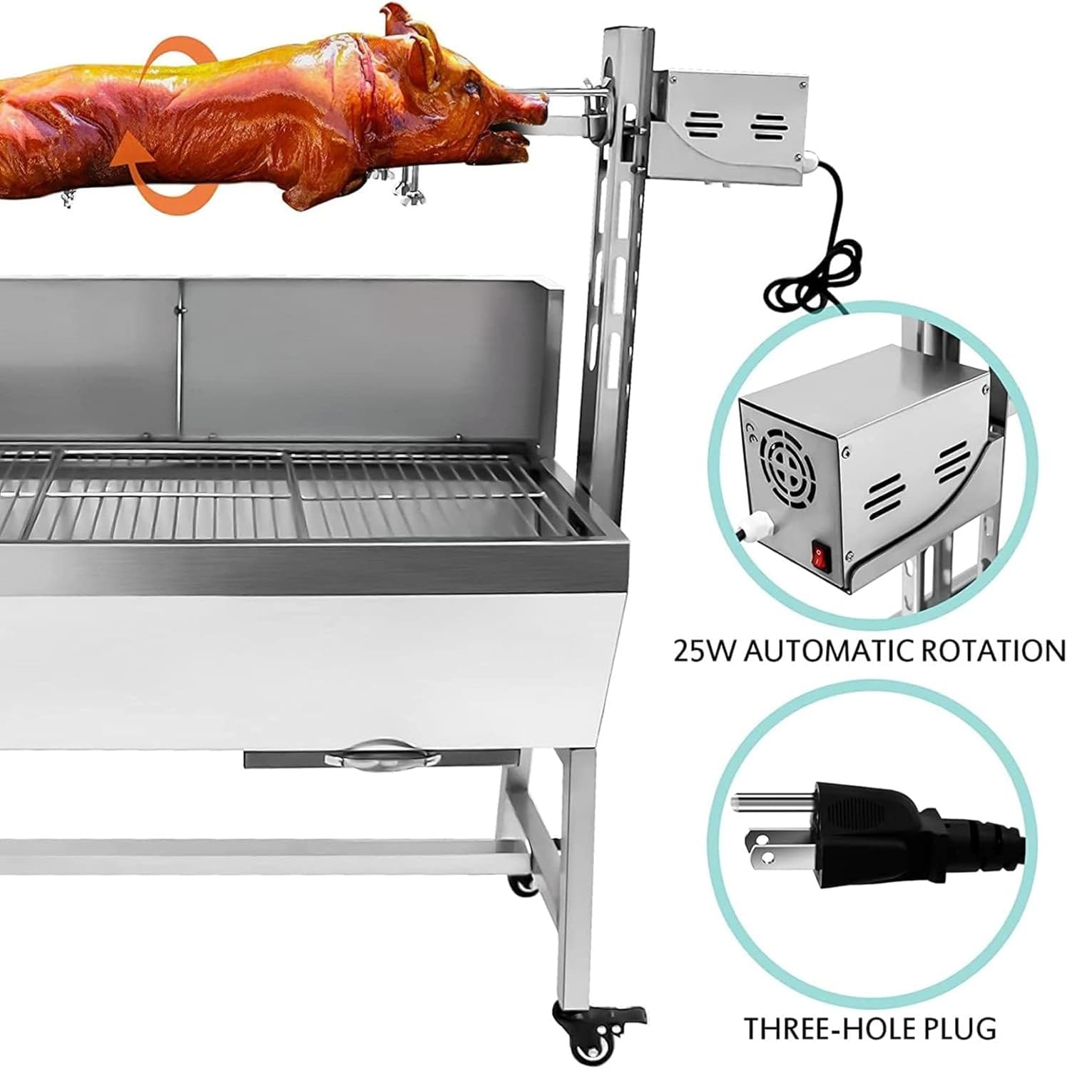 Parrilla asadora de acero inoxidable con protector de cubierta trasera, motor de 25 W, asador de cordero de cerdo pequeño, parrilla de asador de