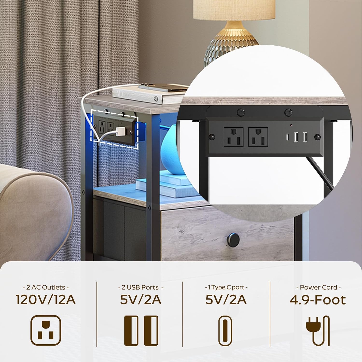 YATINEY Mesitas de noche con estación de carga, mesita de noche con luces LED, mesa auxiliar con 2 cajones no tejidos, mesa auxiliar para