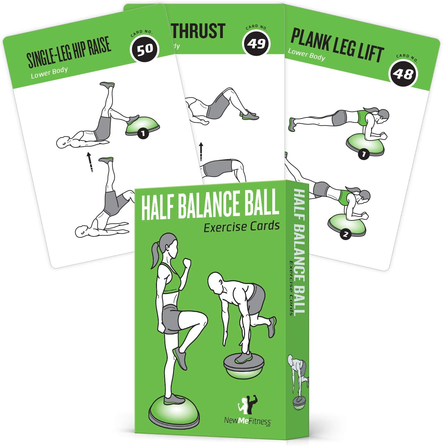NewMe Fitness Tarjetas de entrenamiento con media pelota de equilibrio  Baraja de instrucciones de entrenamiento para mujeres y hombres, guía de