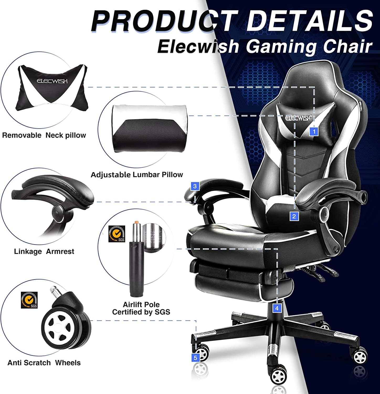 ELECWISH Silla de juegos de computadora con reposapiés, silla ergonómica para adultos, silla de escritorio giratoria ajustable con respaldo alto con