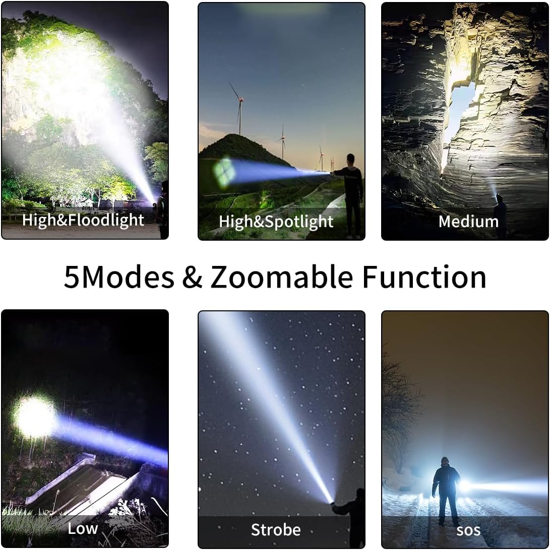 Xbnmex Linternas LED recargables de alto lúmenes 900000, linterna impermeable súper brillante con enfoque ajustable, 5 modos e impermeable, potente