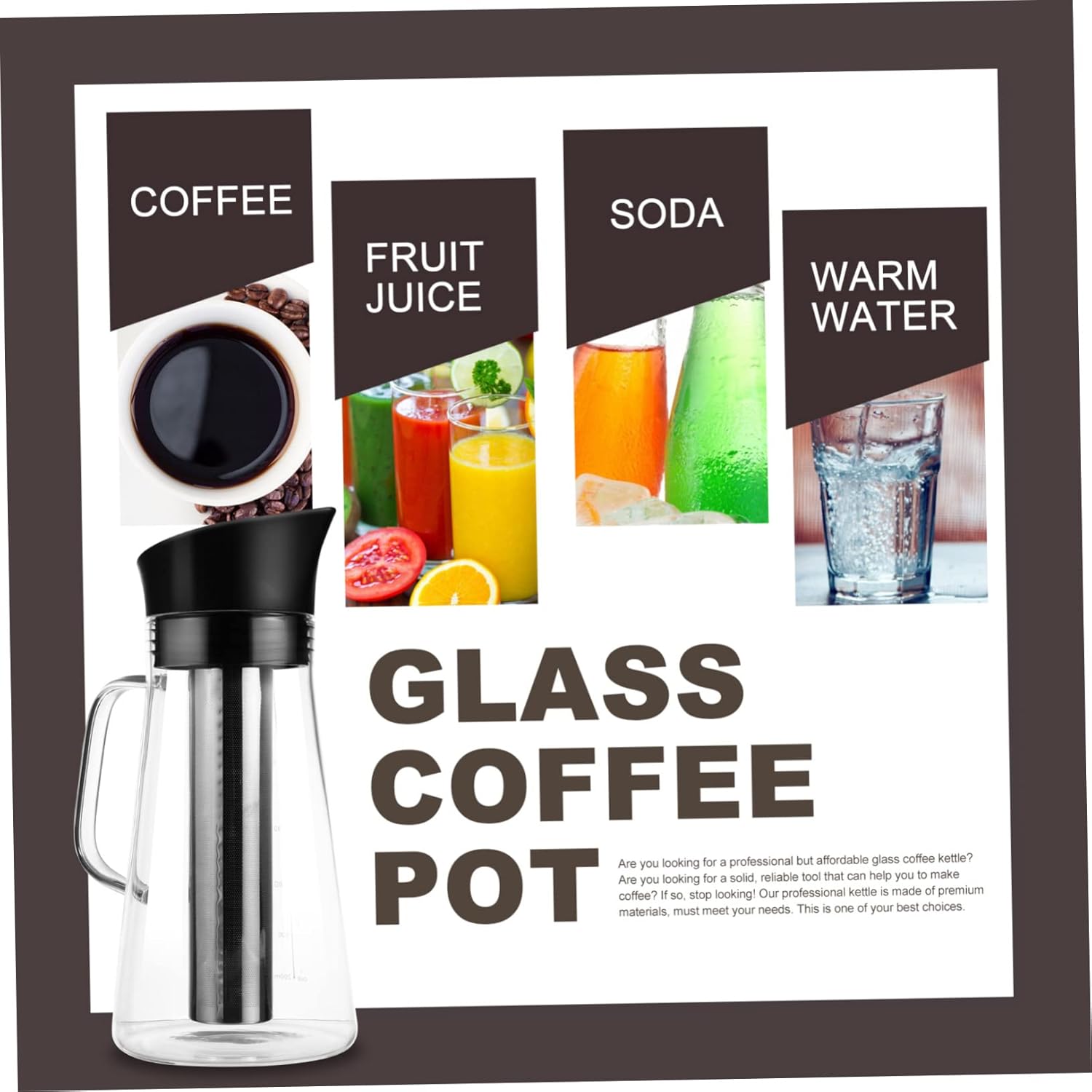 KICHOUSE Jarra de filtro de hojas sueltas, cafetera de café en frío, cafetera de café expreso, infusor de té helado, vidrio para verter la tetera de