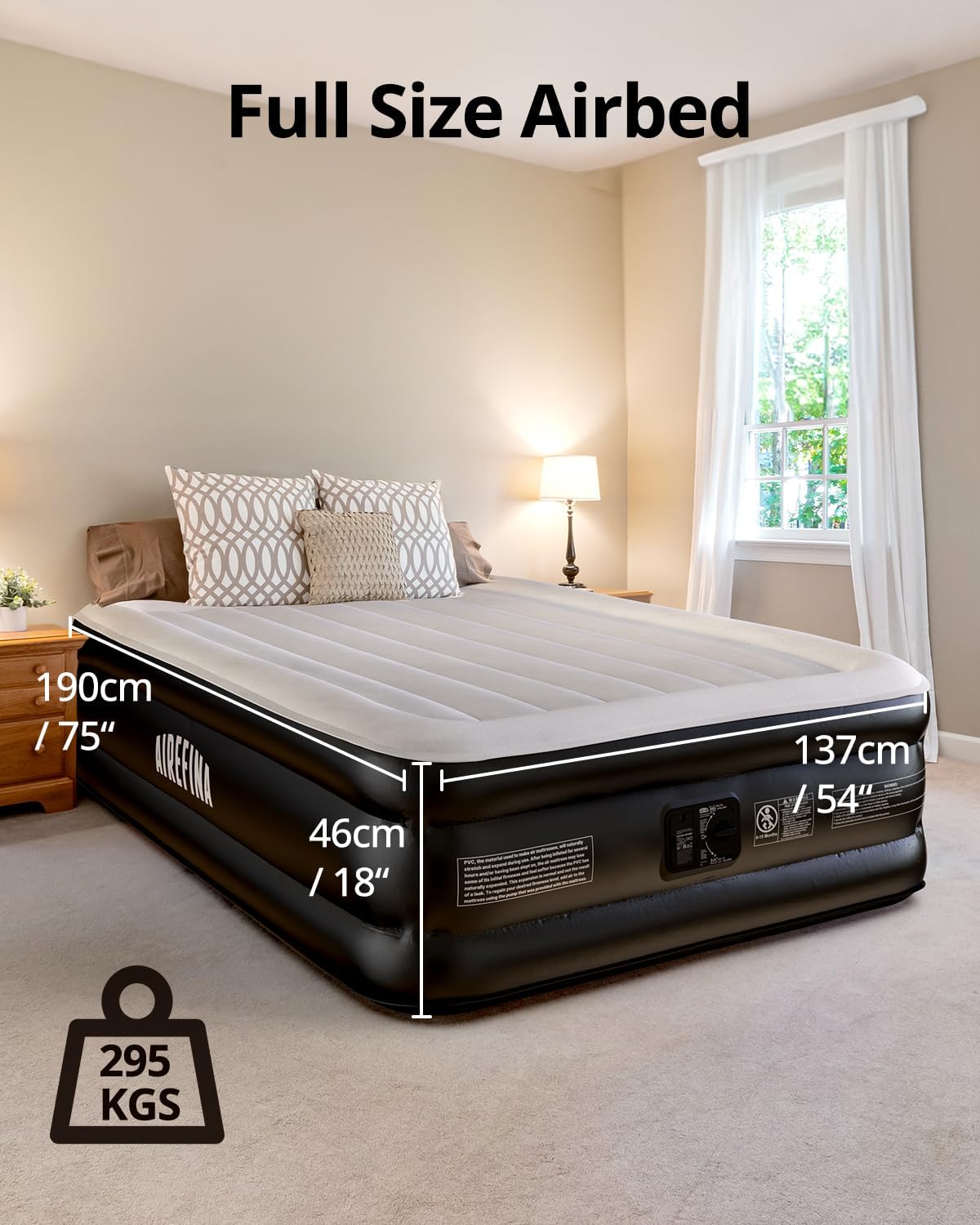 Airefina Colchón de aire mejorado de tamaño matrimonial de 18 pulgadas, cama de aire doble con bomba integrada, colchón inflable de 3 minutos