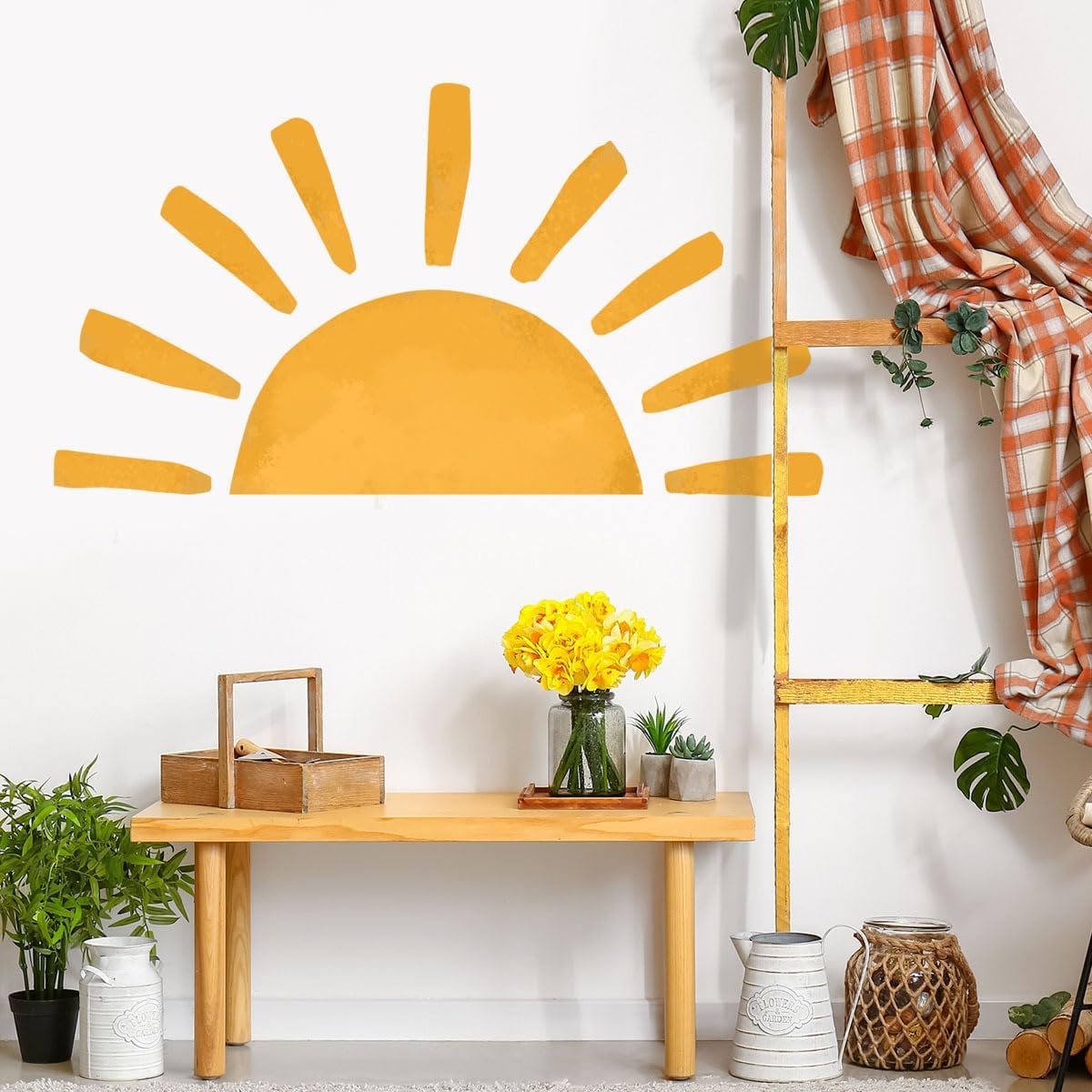 Calcomanía de pared Half Sun  Calcomanías de pared grandes Boho Sunshine para guardería, habitación de niños y decoración de sala de juegos