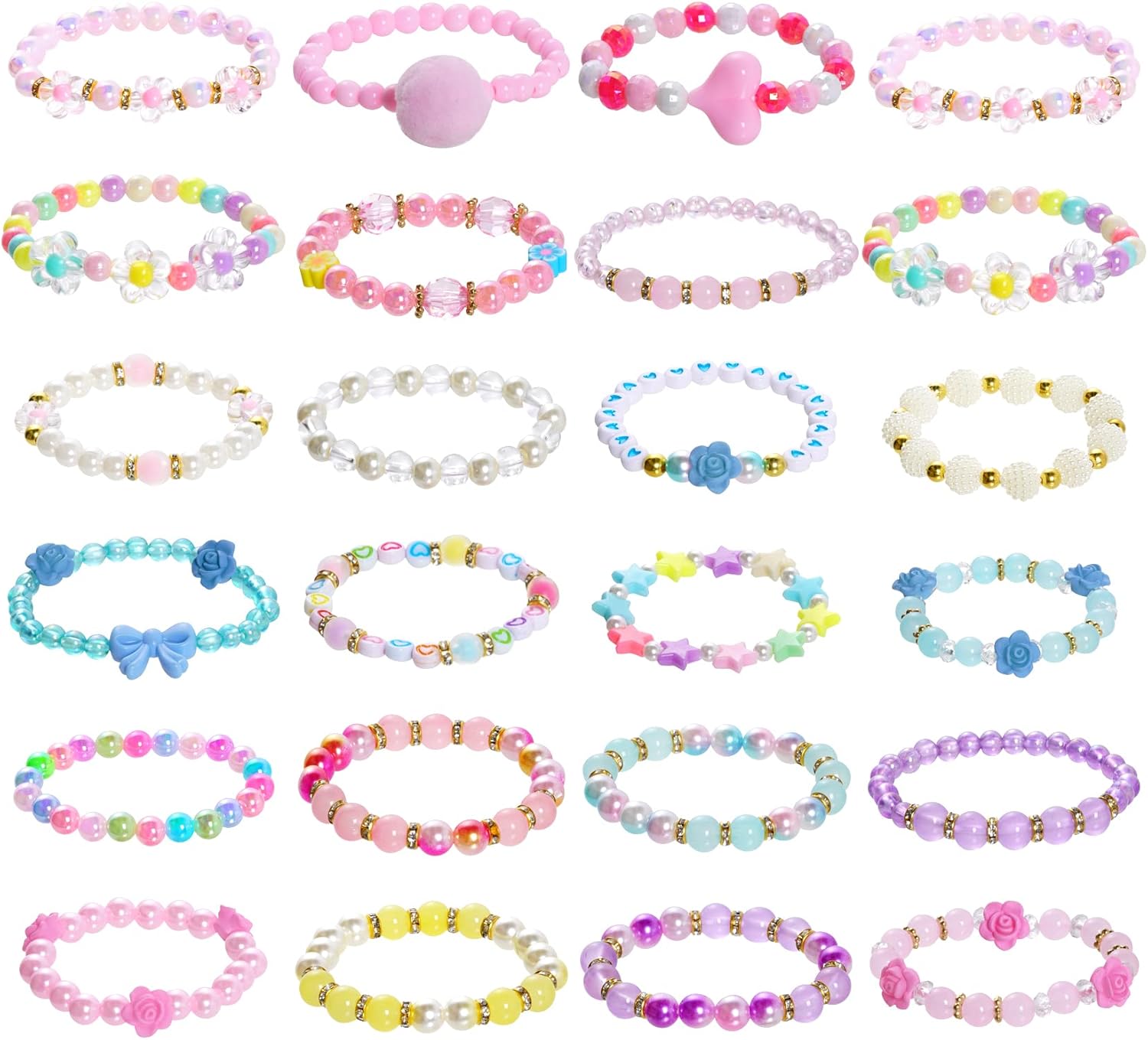 Juego de 24 pulseras de princesa para niñas, pulseras de cuentas para niñas pequeñas, juego de joyas para fiestas de cumpleaños