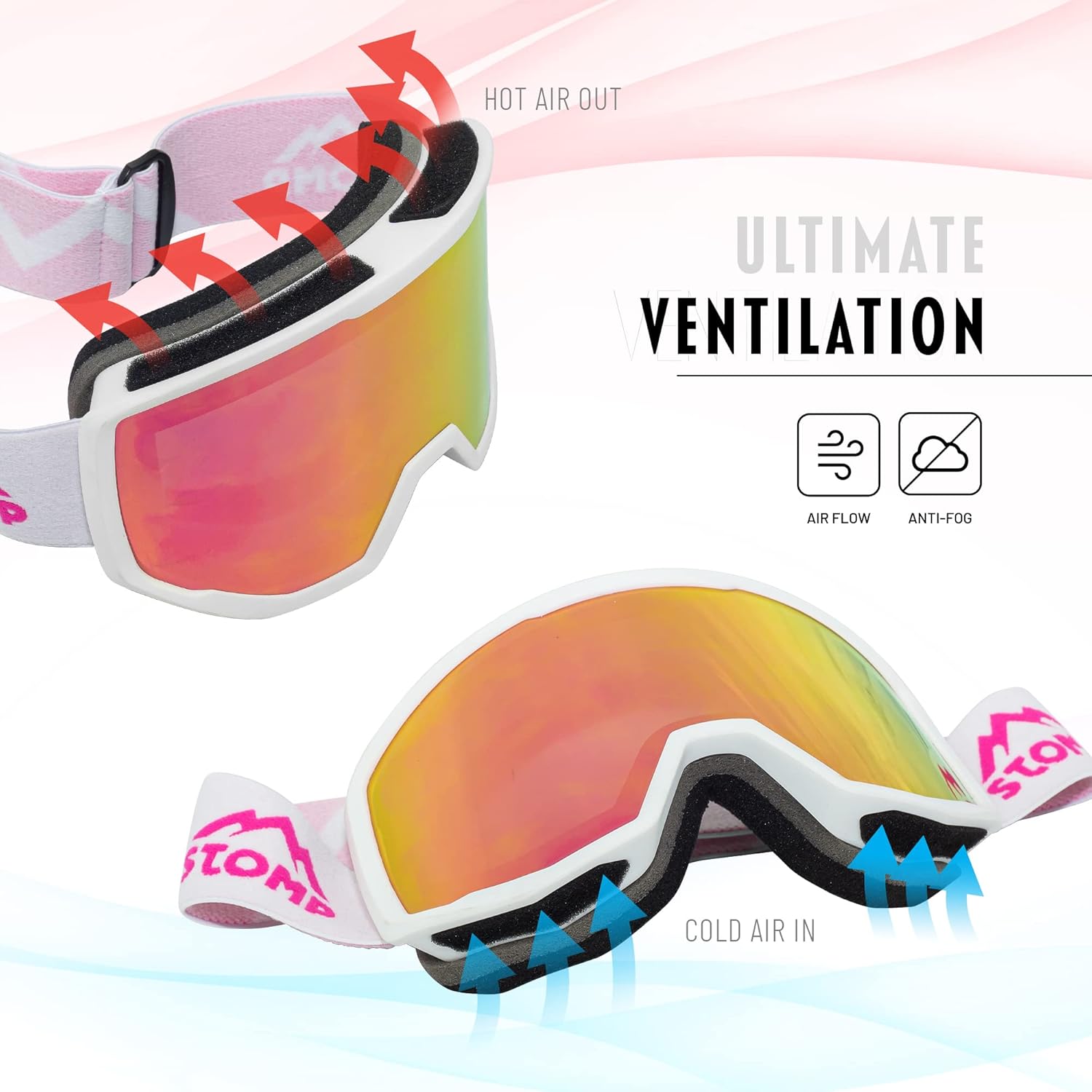 STOMP Gafas de esquí y snowboard 100% protección UV400, lentes reemplazablescorreas para hombres, mujeres y jóvenes