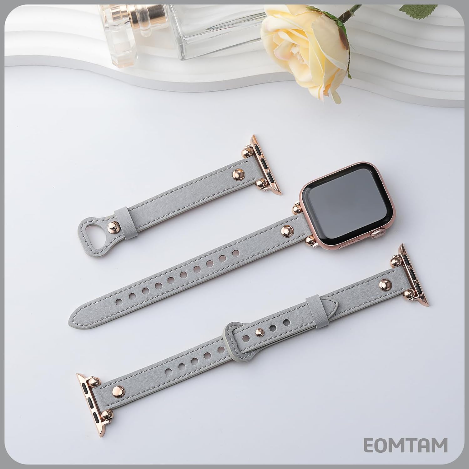 EOMTAM Correas delgadas de cuero doradas para mujer compatibles con Apple Watch Band de 1.614 in, 1.575 in, 1.496 in, 1.929 in, 1.772 in, 1.732 in,