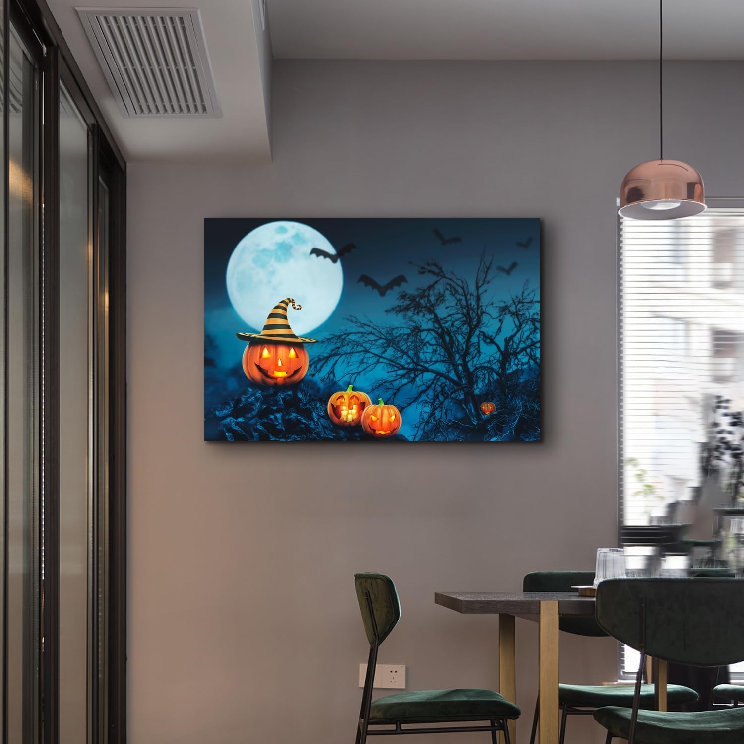 ZKBX – Arte para pared de Halloween, decoración de calabaza, murciélagos de luna, imágenes de noche de bosque oscuro de miedo, impresión en lienzo