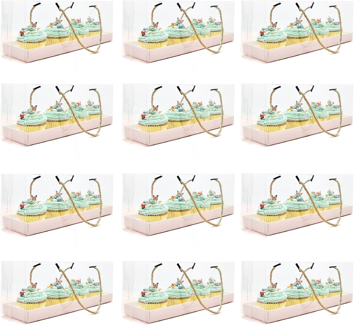 Sparkle and Bash Cajas transparentes para cupcakes con mango de cuerda dorada e inserciones blancas, 4 compartimentos (12.7 x 4.7 x 3.6 pulgadas),