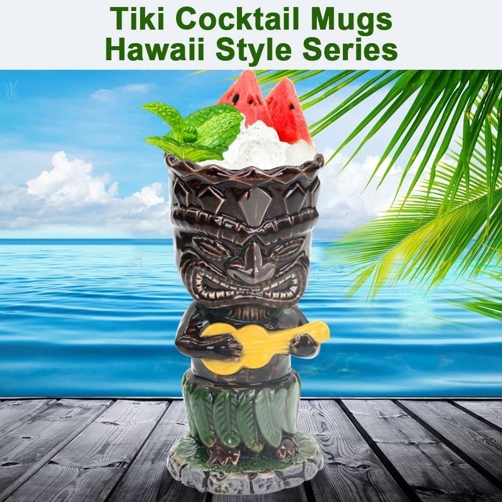 SuproBarware Tiki – Juego de tazas de cóctel de 10.1 fl oz, coloridas tazas de cóctel de cerámica, decoración hawaiana para fiestas exóticas