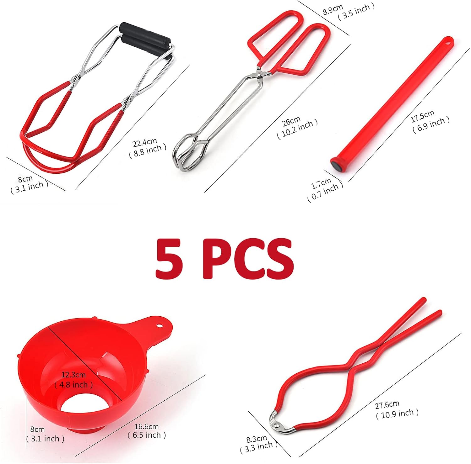 Kit de conservas de 5 piezas, incluye pinzas, embudo de boca ancha, elevador de tarros, llave de tarro, elevador de tapa magnética, clip