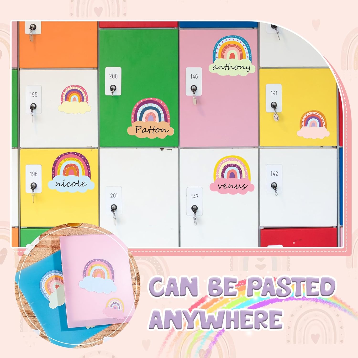 Gueevin 60 unidades de placas de nombre de arcoíris para el aula, etiquetas de nombre de arco iris, calcomanías de arco iris, calcomanías