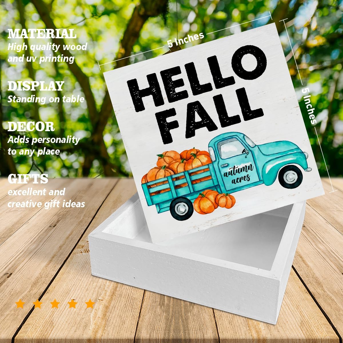 Cartel de madera de otoño para decoración del hogar, letrero cuadrado de madera con texto en inglés “Hello Fall”, letrero de madera para escritorio,