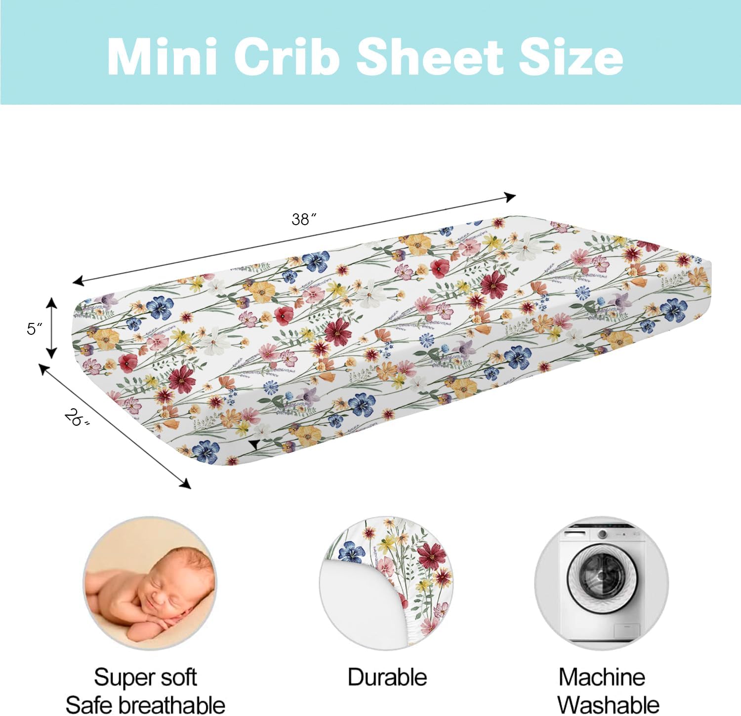 bimocosy Juego de 4 sábanas para cuna, paquete y juego de sábanas para bebé, niña y niño, tamaño 38 x 26 pulgadas, para colchón de corral, mini cuna