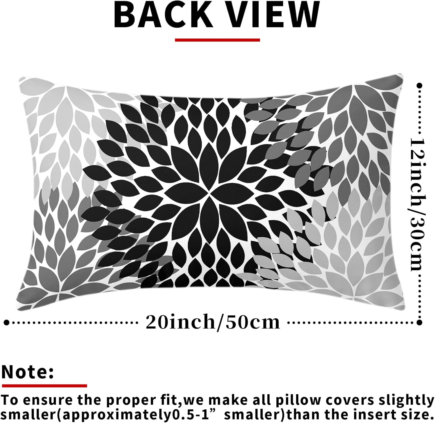 Juego de 2 fundas de almohada negras de 12 x 20 pulgadas, color negro, blanco, gris, dalias florales, geométricas, lumbar, fundas de almohada para