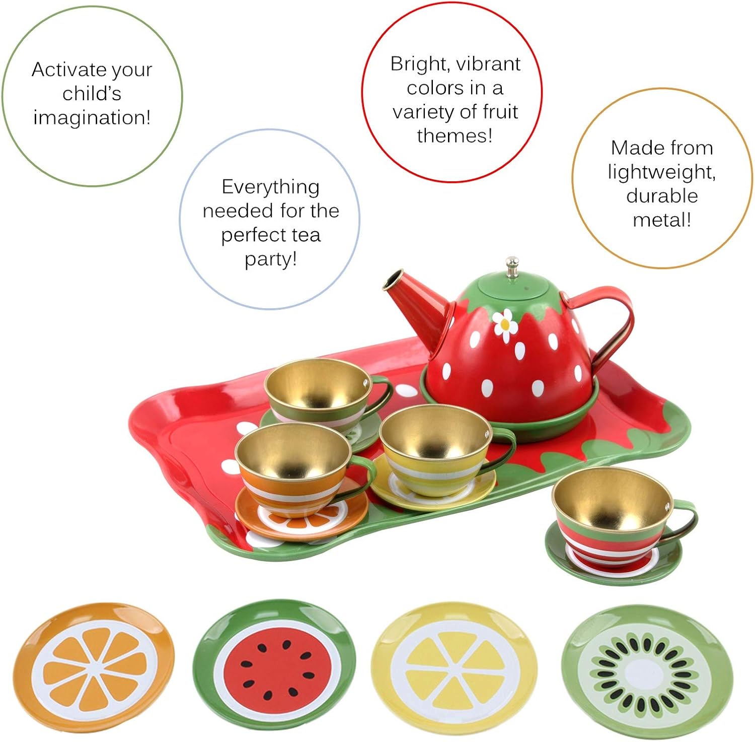 Juego de té de 14 piezas con temática de frutas para niños, construido de material seguro para alimentos, sin BPA, perfecto juguete preescolar de